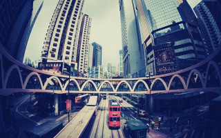 Train city tall buildings bridge - a train traveling free wallpaper