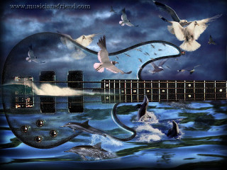 Guitar birds water boat painting - a boat in the background free wallpaper