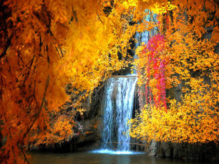 Waterfall autumn leaves foliage impressionist - waterfall free wallpaper