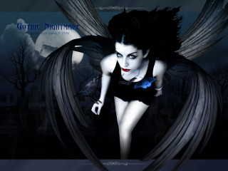 Woman wings black dress blue - a full moon behind her free wallpaper