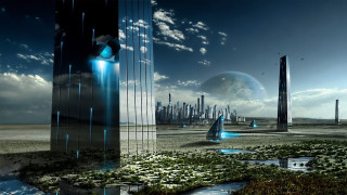 Futuristic city sky landscape blue - a futuristic landscape free wallpaper