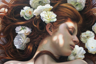 Woman flowers hair eyes closed - detailed oil painting free wallpaper