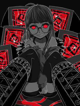 Woman red eyes chair black - free cyberpunk wallpaper