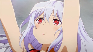 White haired red eyed posing - her hand behind her head free wallpaper