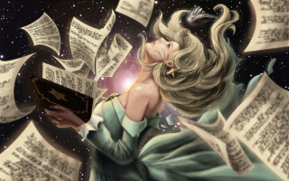 Woman reading book flying pages - a sky full free wallpaper