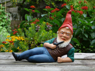 Gnome figurine wooden bench garden - glamor pose free wallpaper