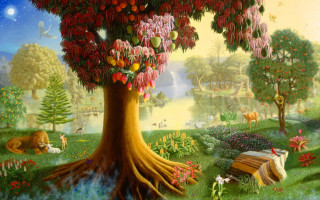 Tree flowers cat sleeping grass - a painting of a tree free wallpaper