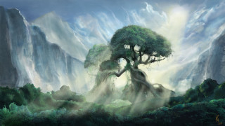 Tree mountain fog painting nature - the air above free wallpaper