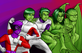 Cartoon characters group purple background 3 - color scheme free wallpaper