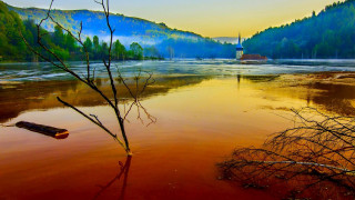 River boat trees mountain painting 2 - the foreground and a mountain in the background free wallpaper