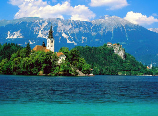 Island church lake mountains blue 2 - a church free wallpaper