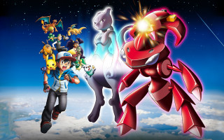 Pokemon flying group blue sky - a group of pokemon characters free wallpaper