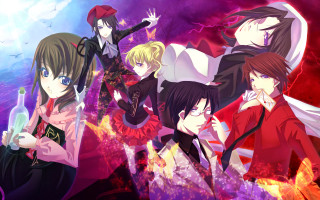 Anime girls purple background red - light free wallpaper for desktop