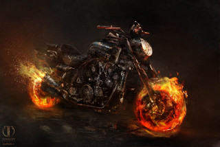 Motorcycle flames rider back wheel - fantasy concept art free wallpaper