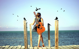 Woman dock guitar birds flying - a dock free wallpaper for desktop