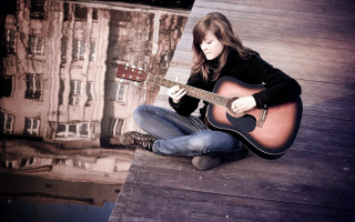 Woman dock guitar reflection building - portrait photography free wallpaper