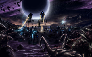 Sci fi alien city night - a giant moon in the background free wallpaper