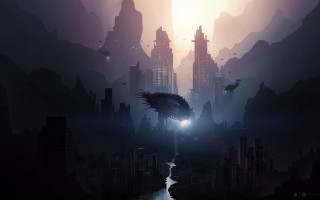 Futuristic city river bird nighttime - biopunk free wallpaper
