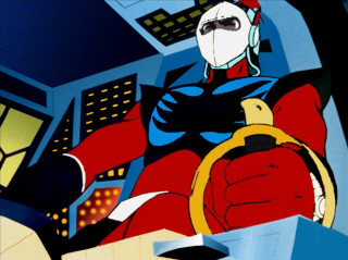 Cartoon character sitting chair steering - his hand and a helmet free wallpaper