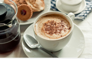 Coffee spoon cookies plate table - morning free wallpaper