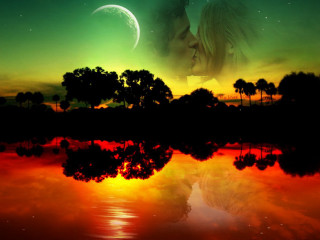 Couple kissing sunset moon reflection - a half moon free wallpaper