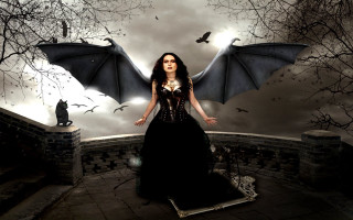 Woman black dress bat wings - her shoulder and a cat free wallpaper