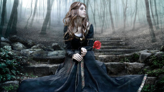 Woman long dress holding rose - stair free wallpaper
