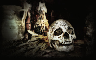 Skull vases table dark room - a table together free wallpaper