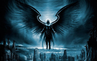 Man wings city skyline angel 2 - large wing free wallpaper