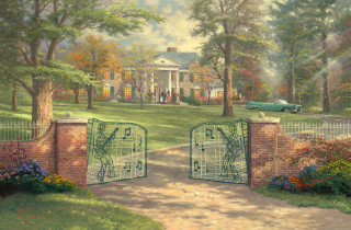 Gated driveway house car green - thomas kindkade free wallpaper