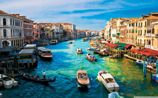 River boats buildings clouds people - canaletto free wallpaper