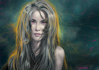 Woman longhair pinkeyes blackdress streaks 2 - pink eye free wallpaper