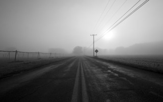 Foggy road street sign power - volumetric fog free wallpaper