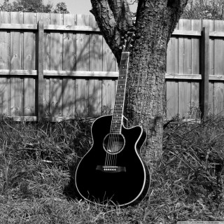 Guitar under tree grass fence - under free wallpaper for tablet