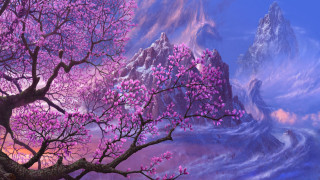 Mountain tree river background painting - christophe vacher free wallpaper for desktop