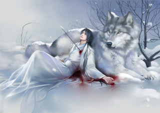 Woman wolf snow sword ground - arthur pan free wallpaper