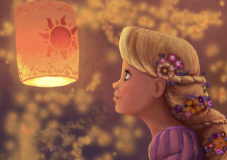 Girl looking paper lantern sky - storybook illustration free wallpaper