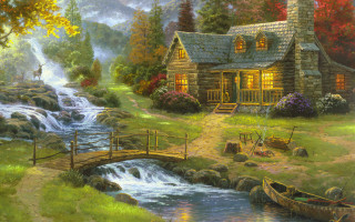 Cabin stream boat man bridge 2 - edward lamson henry free wallpaper
