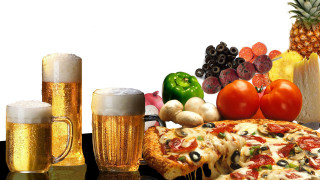 Pizza beer pineapple table dinner - hyperrealism free wallpaper for desktop