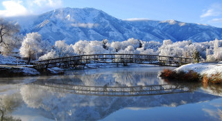 Bridge river mountain snow trees - alson s. clark free wallpaper