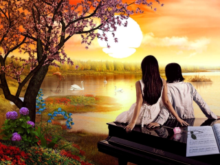 Couple piano lake sunset swan - a piano free wallpaper
