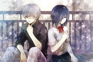 Anime characters bench snow hands - their hand together free wallpaper