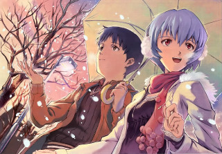 Anime characters umbrella snow trees - a detailed painting free wallpaper for desktop