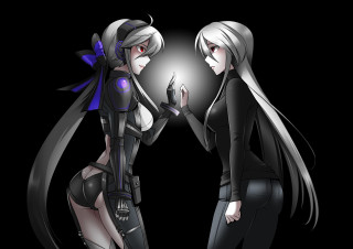 Anime girls cyberpunk dualpersona longhair - their hand together free wallpaper