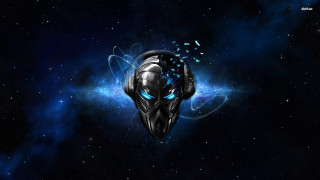 Black alien head blue eyes - star and dust free wallpaper