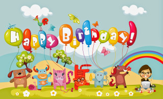 Cartoon birthday card animals balloons 4 - plain background free wallpaper for desktop