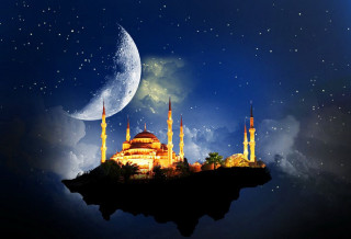 Mosque island sky crescent moon - magical atmosphere free wallpaper