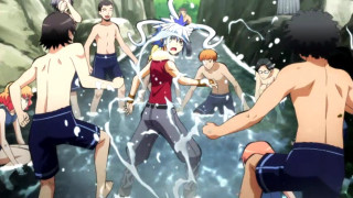 Group people pool water hoses - one person holding free wallpaper