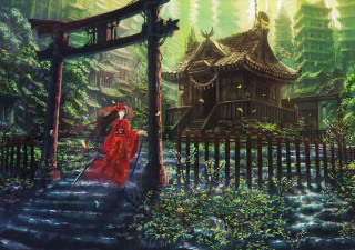 Woman red dress walking path - a path in a forest free wallpaper
