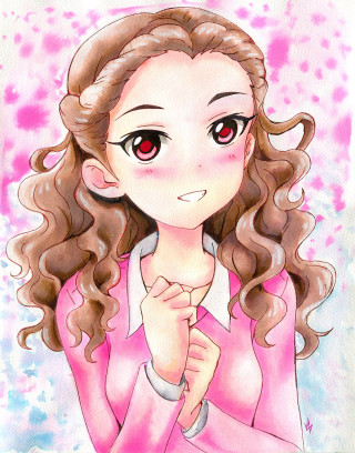 Girl long hair red eyes 2 - a pink shirt free wallpaper for mobile